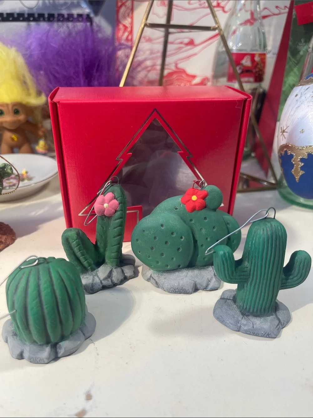 Hand painted ceramic cactus ornament - set of 4